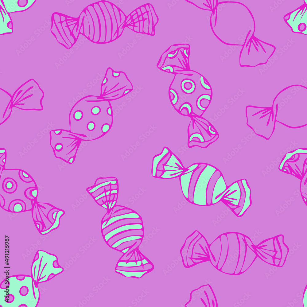 Seamless vector pattern with candy wrapper on pink background. Simple hand drawn sweet food wallpaper design. Decorative party fun fashion textile.