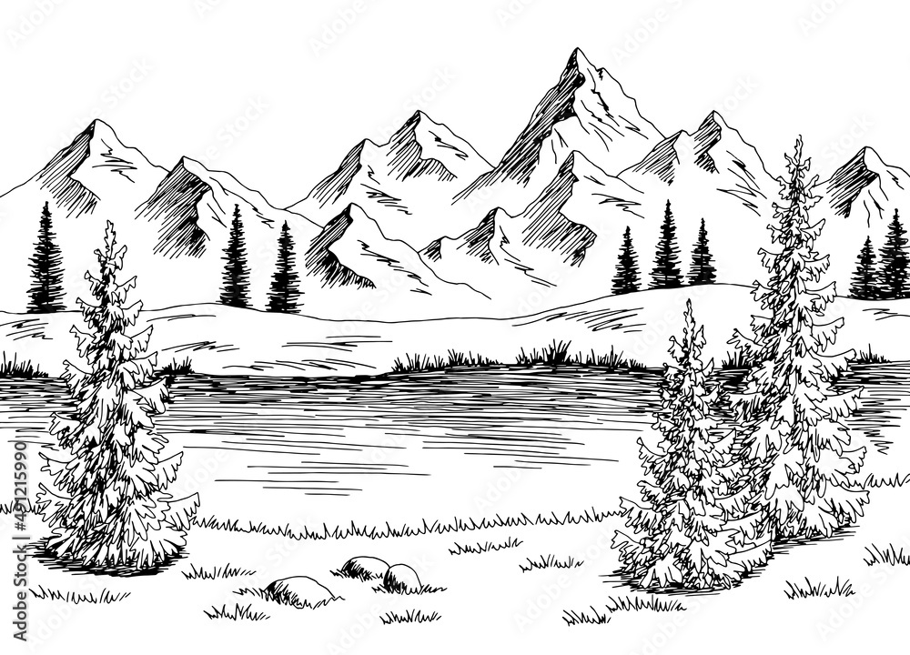 Mountain river graphic black white landscape sketch illustration vector