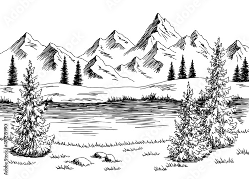 Mountain river graphic black white landscape sketch illustration vector 