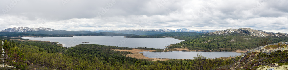 High end resolution panorama stich of beautiful landscape scenery with lakes, mountains and forest. Nature concept.