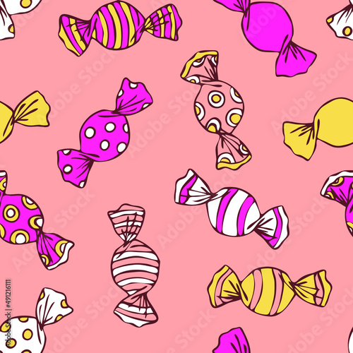 Seamless vector pattern with hand drawn sweets on pink background. Simple candy wrapper wallpaper design. Decorative cartoon treat fashion textile.