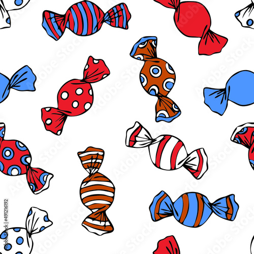 Seamless vector pattern with candy sweets on white background. Fun hand drawn party food wallpaper design. Decorative celebration fashion textile.