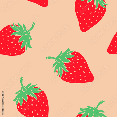 Seamless vector pattern with strawberries on yellow background. Simple hand drawn summer berry wallpaper design. Decorative fruit fashion textile.