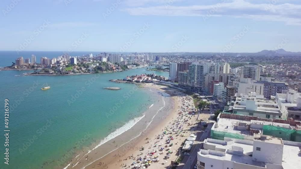 Sliding aerial shot of a beautiful beach in Guarapari, Brazil Sliding aerial shot of a beautiful beach in Guarapari, Brazil