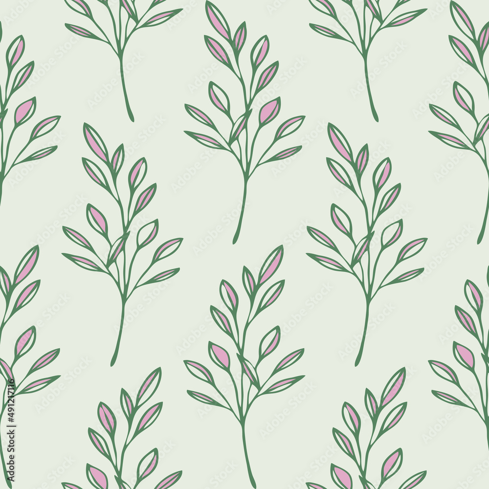 Seamless vector pattern with plant twig on green background. Modern nature leaf wallpaper design. Decorative soft branch fashion textile. Seamless vector pattern with plant twig on green background. Modern nature leaf wallpaper design. Decorative soft branch fashion textile.