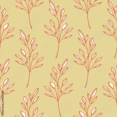 Seamless vector pattern with tree branch on yellow background. Relaxing nature home decor wallpaper design. Decorative twig fashion textile.