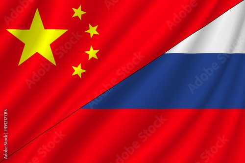 China flag. Russia flag. Conflict between Russia and People's Republic of China war concept. Russian flag and People's Republic of China flag background. Flag with ripples. Illustration. Map.