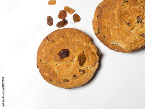 Oatmeal raisin cookies on a white background. Sweets.  tea biscuits.