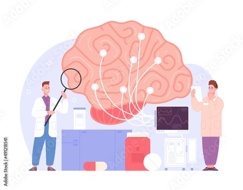 Brain neurologic exam. Neurology medico test, emergency treatment health inflammation tumor, scientist nurse with wires doing electroencephalography