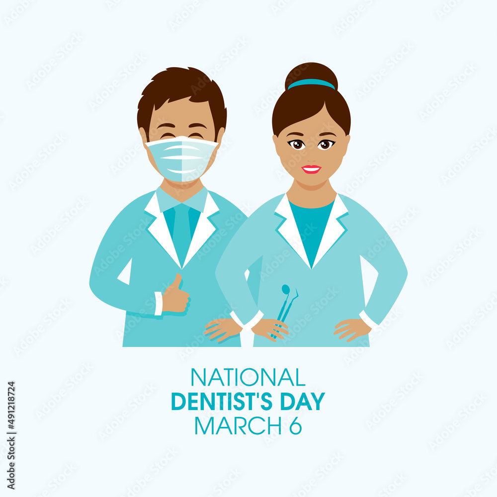 National Dentist's Day Poster with man and woman dentists vector. Happy smiling male and female dentist icon vector. Dentists Day Poster, March 6. Important day