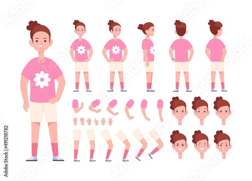 Girl custom animation. Animated kid character poses, heads avatar hairstyles, set little anime child view front and back face constructor body creation sided wear, splendid vector