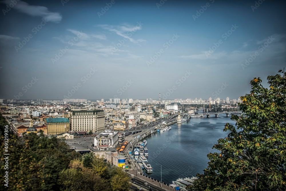 Panoramic view of the river Dnieper and bridges in Kiev, Ukraine