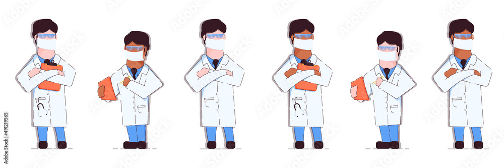 A set of illustrations of a doctor (dentist) from Europe and India with a mask on his face, healthcare concept. Stock vector illustration. Isolated white background.