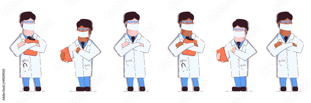 A set of illustrations of a doctor (dentist) from Europe and India with a mask on his face, healthcare concept. Stock vector illustration. Isolated white background. A set of illustrations of a doctor (dentist) from Europe and India with a mask on his face, healthcare concept. Stock vector illustration. Isolated white background.