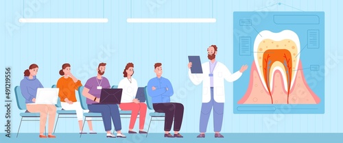 Medical school lecture. Getting doctorate or professional education medicine, professor at board student class, dental doctor study science conference, splendid vector illustration