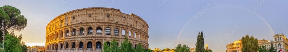  Scenic panorama of Rome with Colosseum and Roman Forum, Italy.