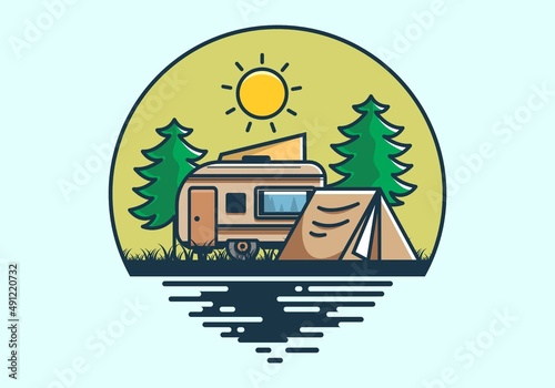 Wallpaper Mural Camping van and tent between pine trees illustration Torontodigital.ca