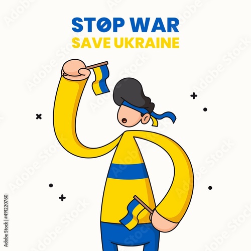 Save Ukraine, Stop War, Ukraine vs Russia. Background vector illustration of raising hand with Ukraine Flag as demonstration acts for defending ukraine against Russia attacks.