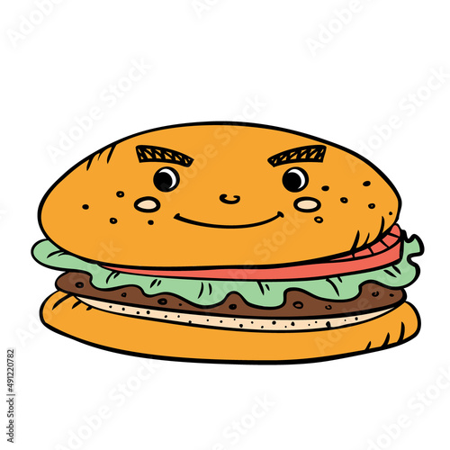 Fast food burger with cutlet, pmidor and salad. Vector in doodle style