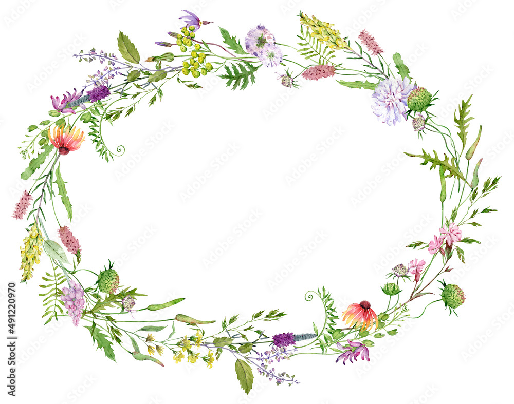 Watercolor pink and purple wildflowers wreath. Hand drawn template with herbs and wildflowers for wedding invitations, birthday cards.