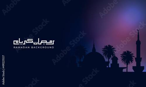 Ramadan kareem modern background with kufi calligraphy and mosque