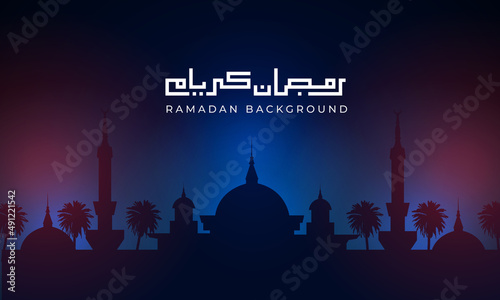 Ramadan kareem modern background with kufi calligraphy and mosque