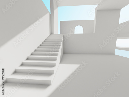Abstract white empty interior background with stairway  3 d