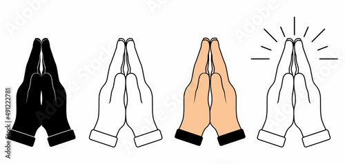 Human hands folded in prayer. Hand pray symbol, isolated on white background. Folded hands vector icon set. Turning to God. Faith and Hope. Religious symbol.