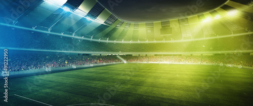 Full stadium and neoned colorful flashlights background. Empty area for championships, your ad, design. 3D render