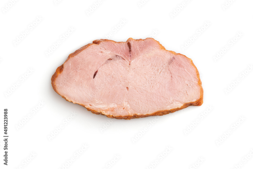 Smoked pork ham isolated on white background. Top view, close up.