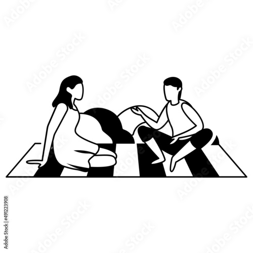 Couple Chatting While sitting on Blanket at beach Vector Icon Design, Weekly holidays Activity Symbol, Week Rest Days Sign, Lazy weekend people Stock illustration, Husband and Wife on Picnic Concept, 