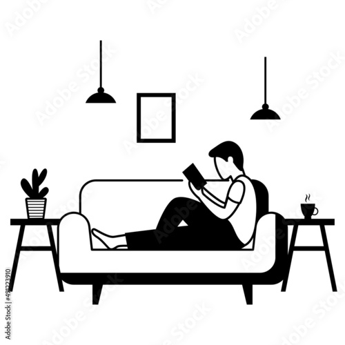 Barefoot Man Lying Down On Sofa Vector Icon Design, Weekly holiday Activity Symbol, Week Rest Day Sign, Lazy weekend people Stock illustration, Young boy reading book while sitting on couch Concept