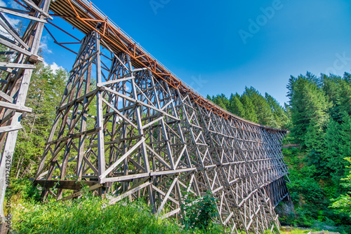 View of restored historic railroad bridge Kinsol Trestle (Koksilah River Trestle) made of wooden boards - Vancouver Island. photo