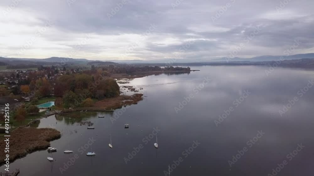 Aerial drone view of Lake Murten, Switzerland in a cloudy day Aerial drone view of Lake Murten, Switzerland in a cloudy day