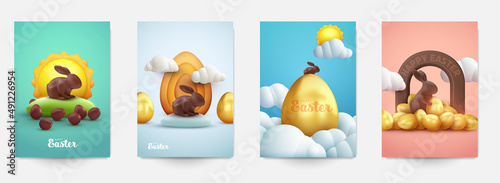 Happy easter set background for greeting card, banner, poster, cover, flyer. Collection festive design template in cute cartoon 3d style. Vector illustration.