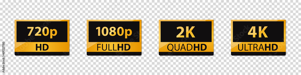 Screen Definition Golden Sticker HD, Full-HD, QuadHD And UltraHD - Vector Illustrations Set Isolated On Transparent Background