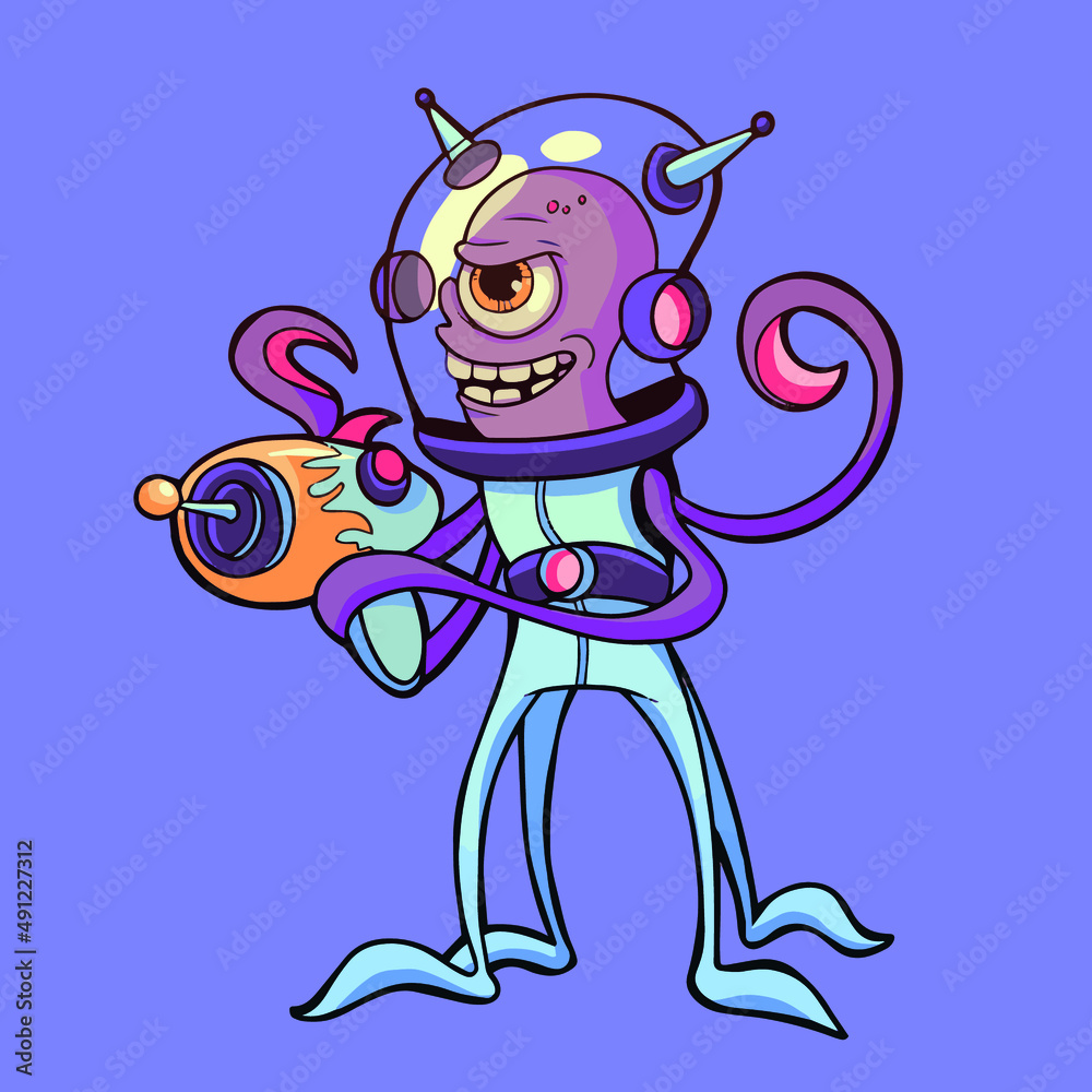 Fototapeta premium Cartoon alien with a blaster