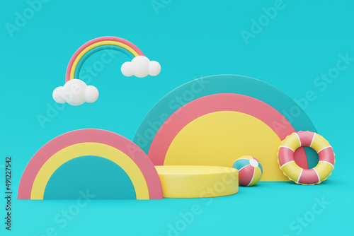 3d rendering of Summer vacation concept colorfull podium display with summer elements clouds and rainbow  minimal style.3d render.