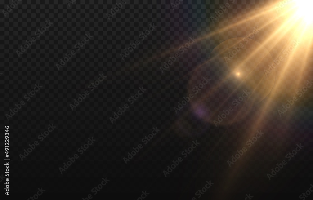 Vector golden light with glare. Sun, sun rays, dawn, glare from the sun png. Gold flare png, glare from flare png.