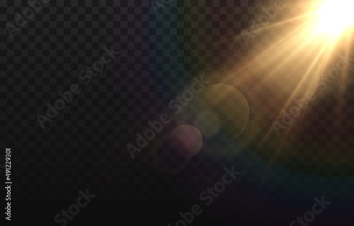 Vector golden light with glare. Sun, sun rays, dawn, glare from the sun png. Gold flare png, glare from flare png.