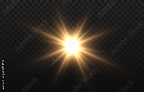 Vector golden light. Sun, sun rays, dawn png. Golden glare png, flash png.
