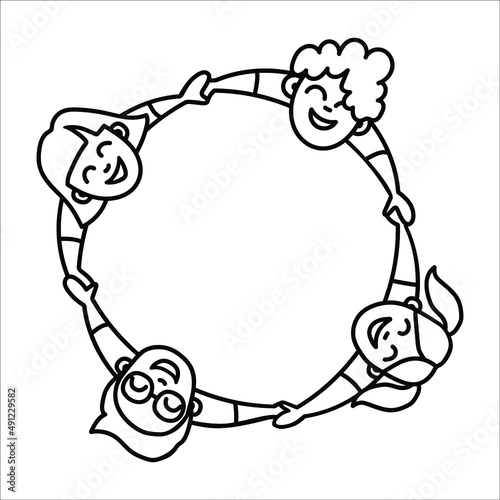 Friendly people holding hands in a circle, drawing a group of positive people in doodle style, contour hand drawn men, women, children, friends, peaceful association, international day of peace