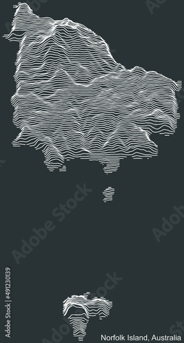 Topographic negative relief map of the Australian external territory of NORFOLK ISLAND, AUSTRALIA with white contour lines on dark gray background