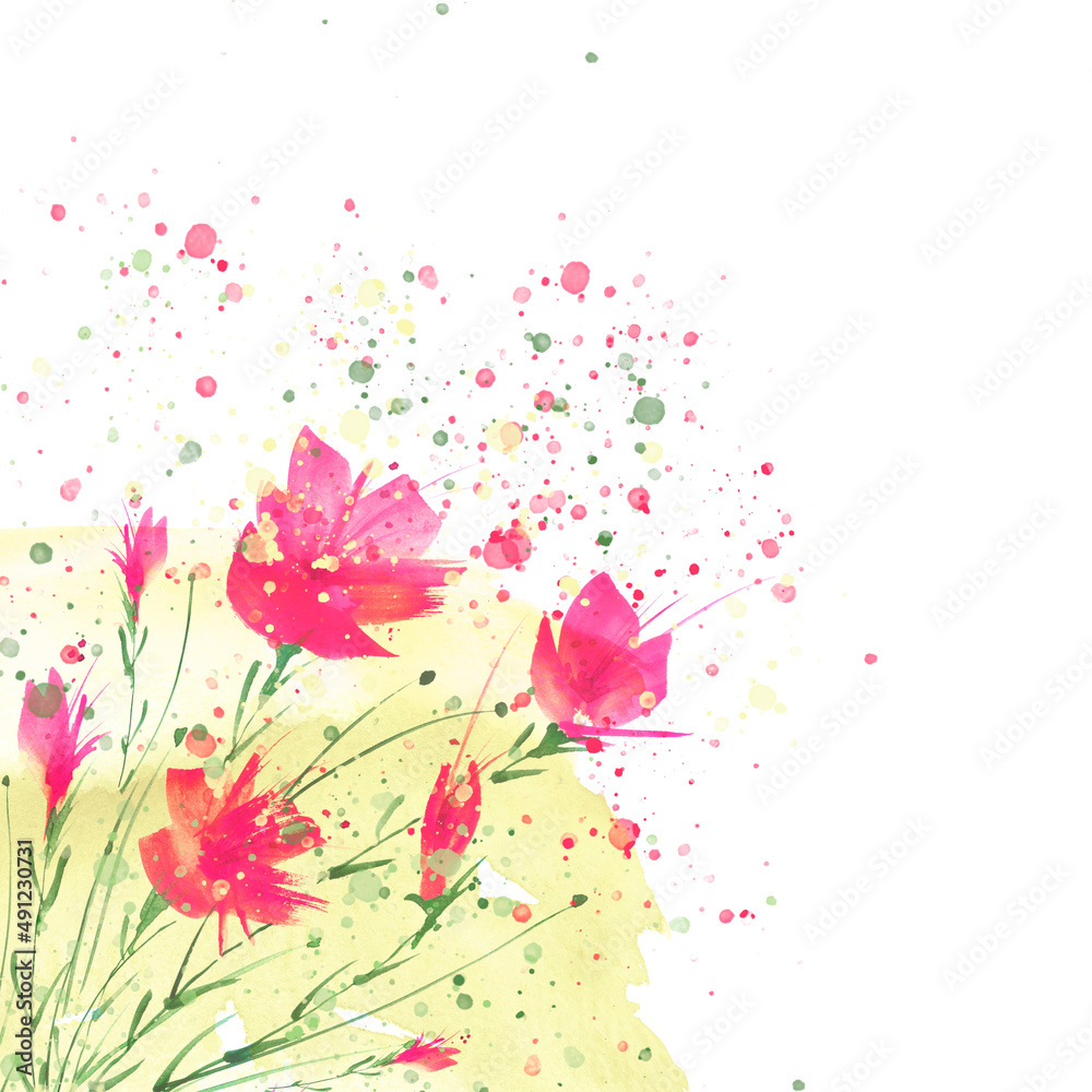 watercolor painting. A bouquet of flowers of red poppies, wildflowers on a white isolated background. Hand drawn watercolor floral illustration, logo. Green grass,blue sky, hill, abstract paint splash watercolor painting. A bouquet of flowers of red poppies, wildflowers on a white isolated background. Hand drawn watercolor floral illustration, logo. Green grass,blue sky, hill, abstract paint splash