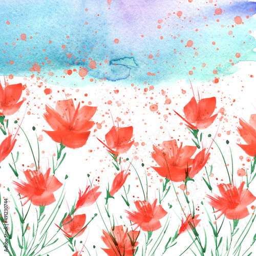 watercolor painting. A bouquet of flowers of red poppies, wildflowers on a white isolated background. Hand drawn watercolor floral illustration, logo. Green grass,blue sky, hill, abstract paint splash