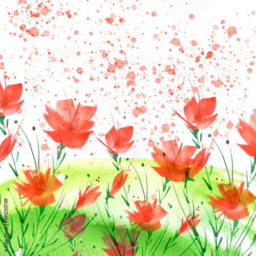 watercolor painting. A bouquet of flowers of red poppies, wildflowers on a white isolated background. Hand drawn watercolor floral illustration, logo. Green grass,blue sky, hill, abstract paint splash