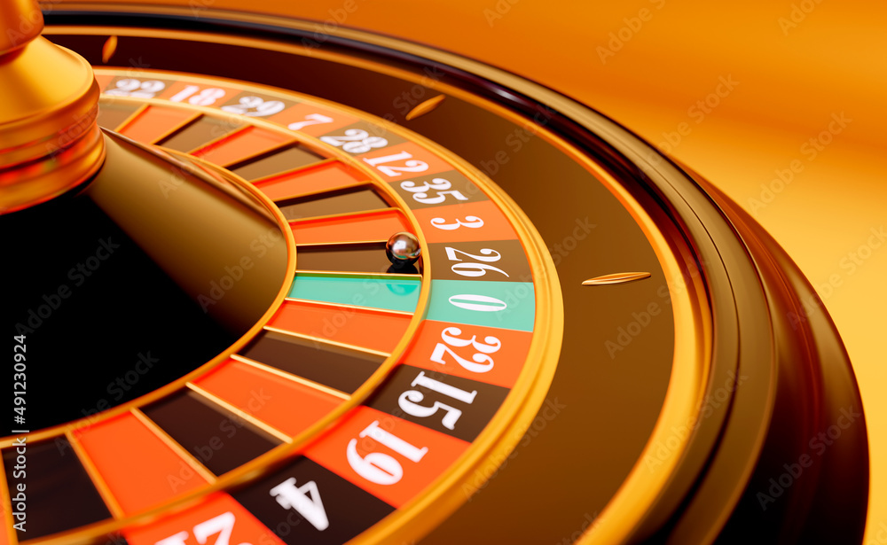 Close up view of realistic roulette wheel with ball with effect bokeh on gold background. Gambling concept design. 3d rendering illustration. Close up view of realistic roulette wheel with ball with effect bokeh on gold background. Gambling concept design. 3d rendering illustration.