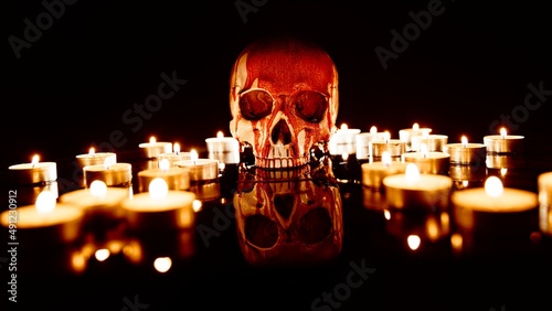 Foto Blood stained skull against dark background closeup