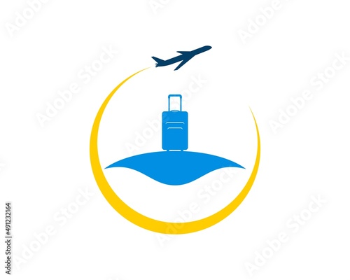 Circle swoosh with flying plane and travel bag inside