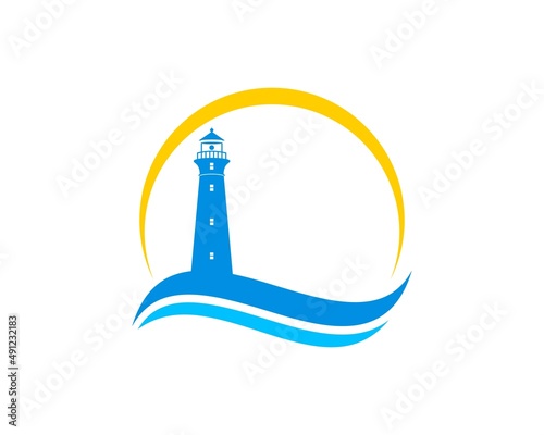 Abstract beach wave with lighthouse and circle swoosh